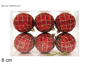 PALLA 8cm GLITTERATA ROSSA DECORO ROMBI SET 6pz IN BOX PVC 489766 40649